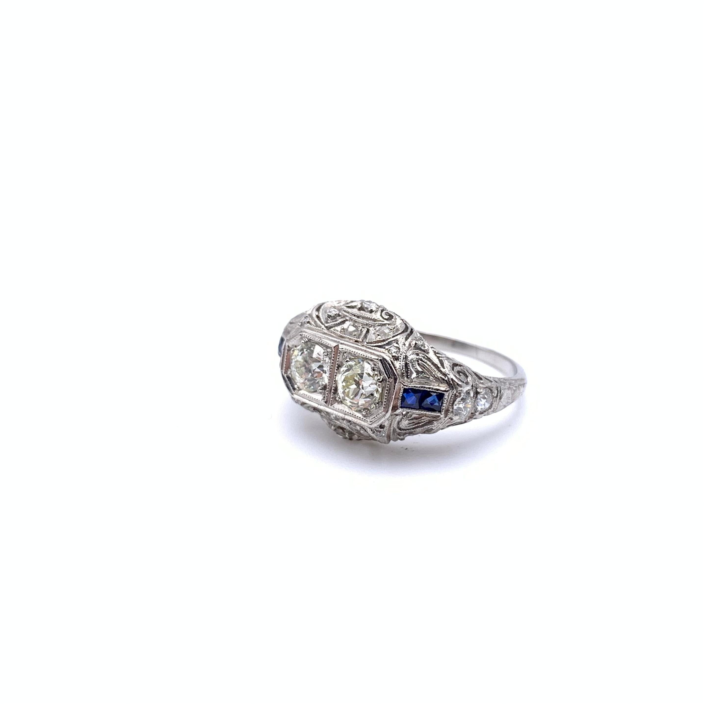 Women's or Men's Platinum Edwardian Diamond and Sapphire Ring For Sale