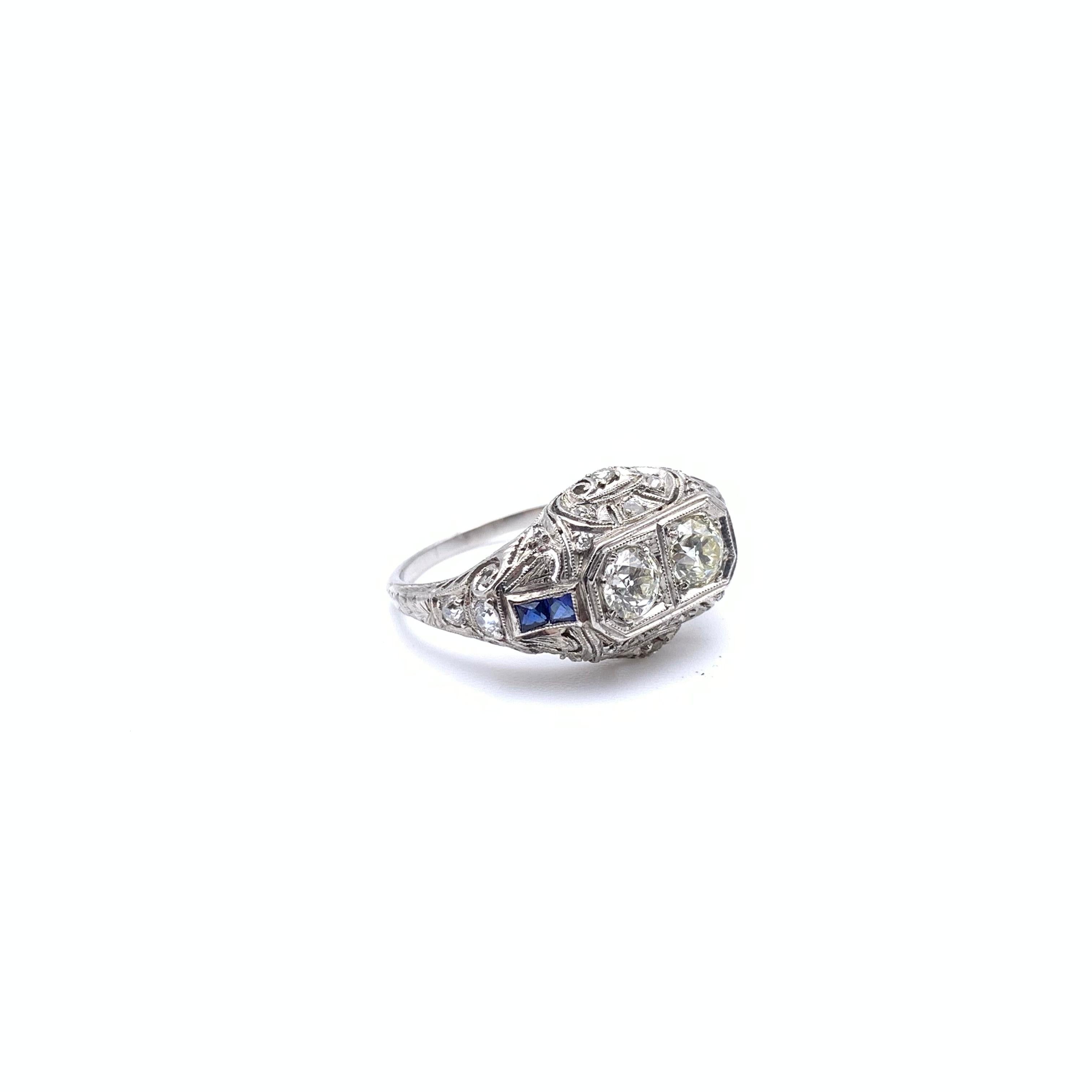 Platinum Edwardian Diamond and Sapphire Ring For Sale 2