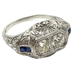 Antique Platinum Edwardian Diamond and Sapphire Ring 