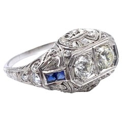 Antique Platinum Edwardian Diamond and Sapphire Ring