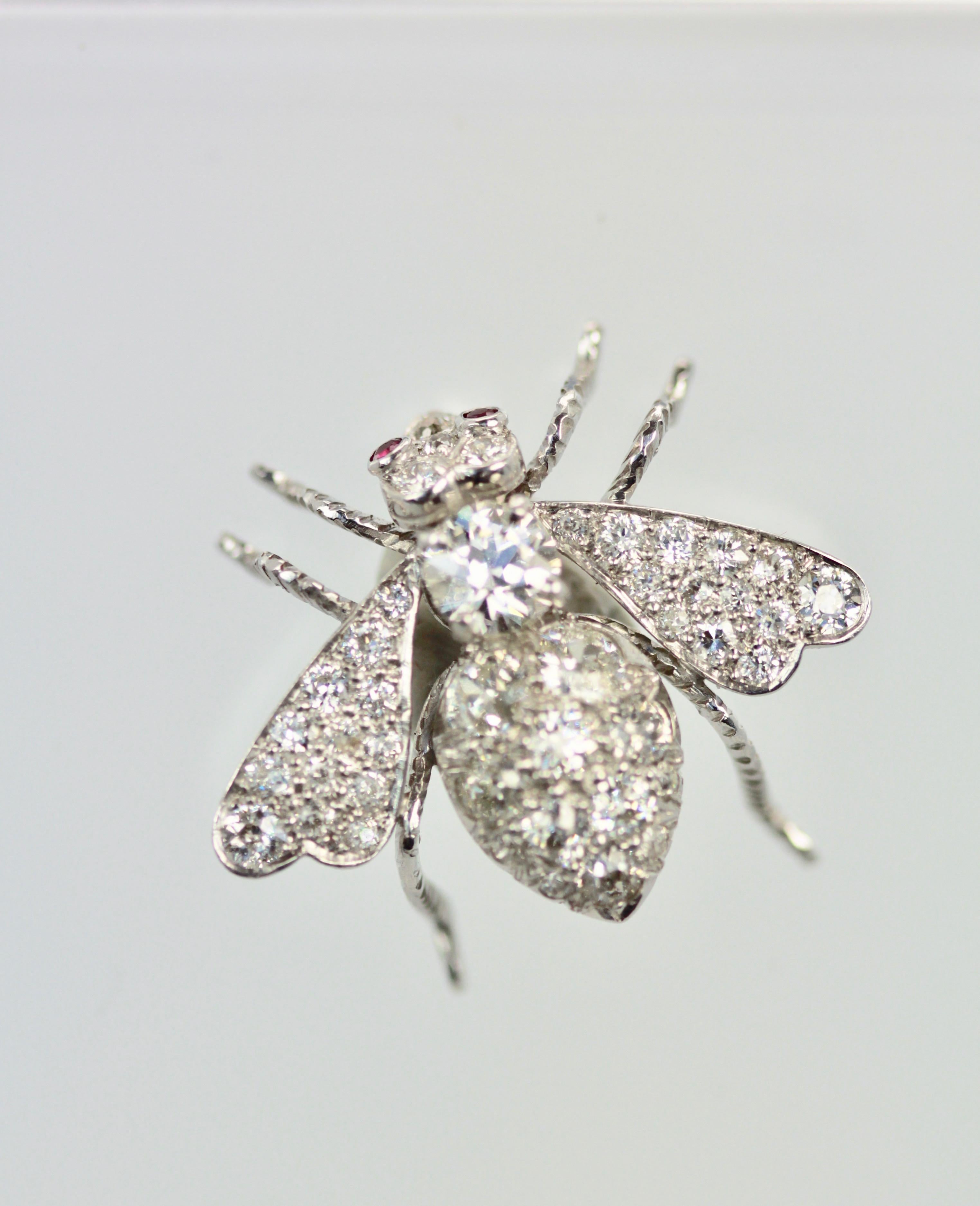 Round Cut Antique Platinum Diamond Bee Brooch