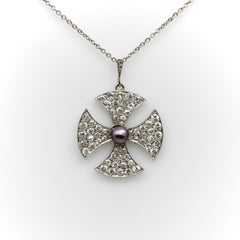Platinum Edwardian Maltese Cross Diamond Encrusted with Central Black Pearl Neck