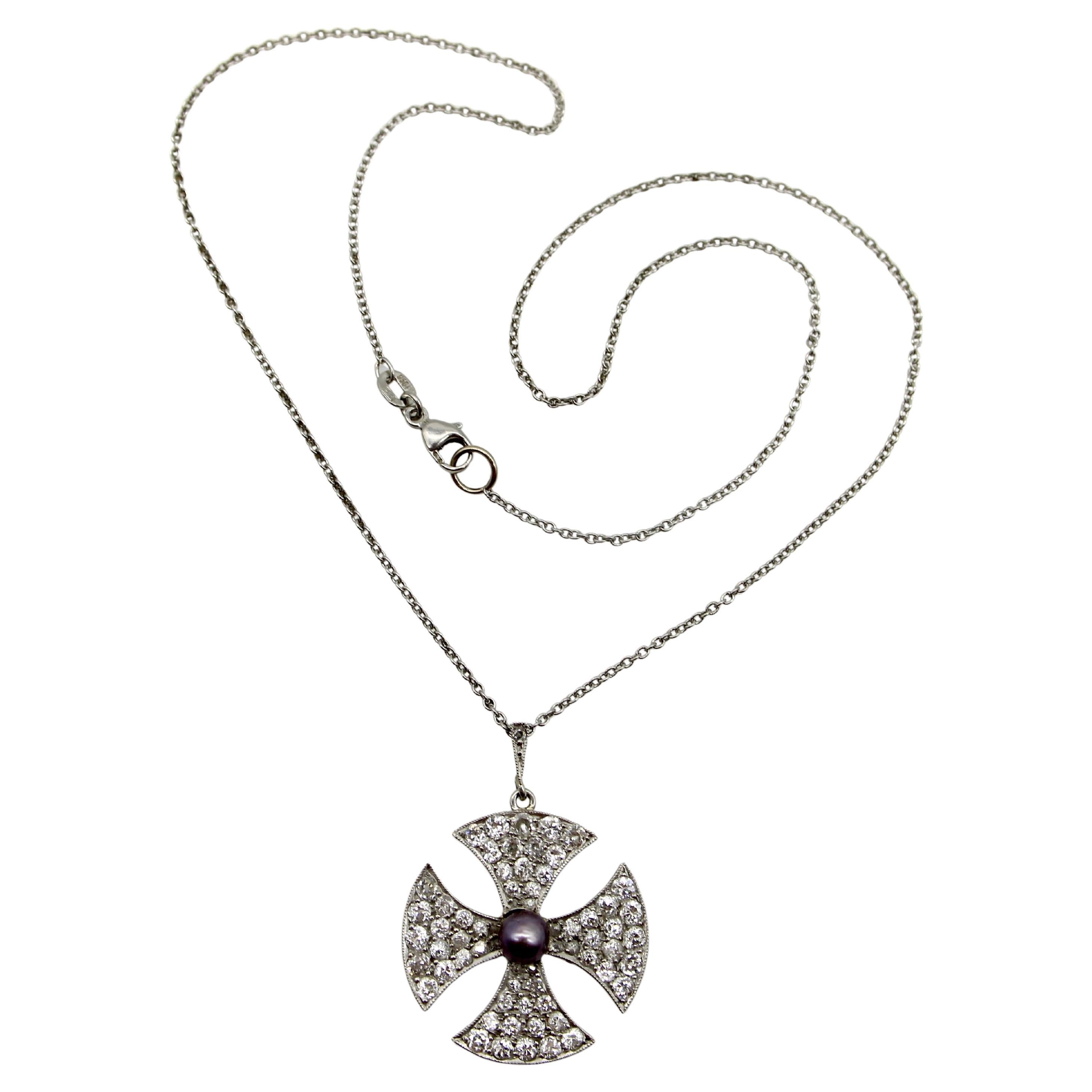 Platinum Edwardian Maltese Cross Diamond Encrusted with Central Black Pearl Neck For Sale