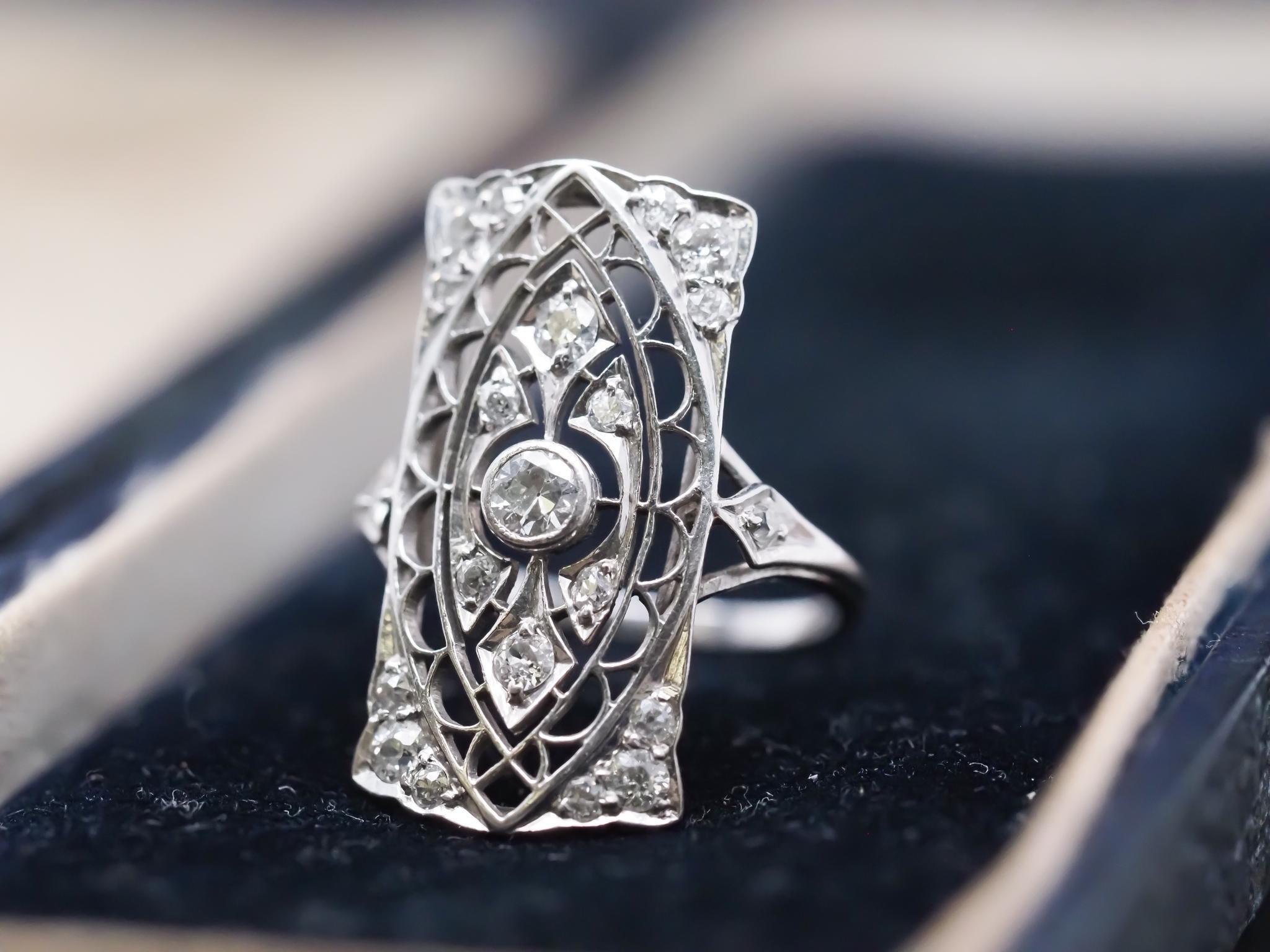 Old European Cut Platinum Edwardian Openwork Filigree Old European Diamond Ring For Sale