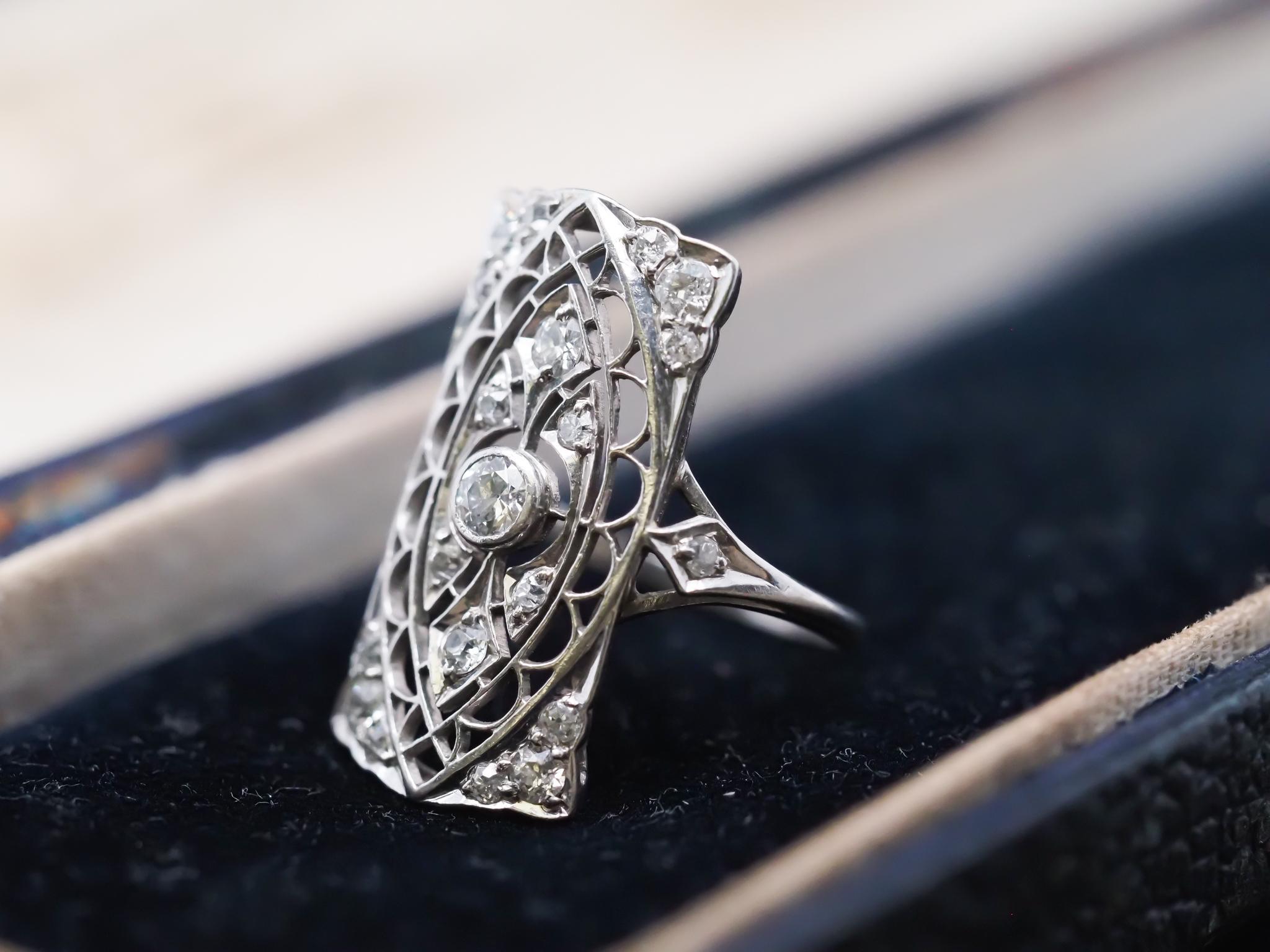 Platinum Edwardian Openwork Filigree Old European Diamond Ring In Good Condition For Sale In Hicksville, NY