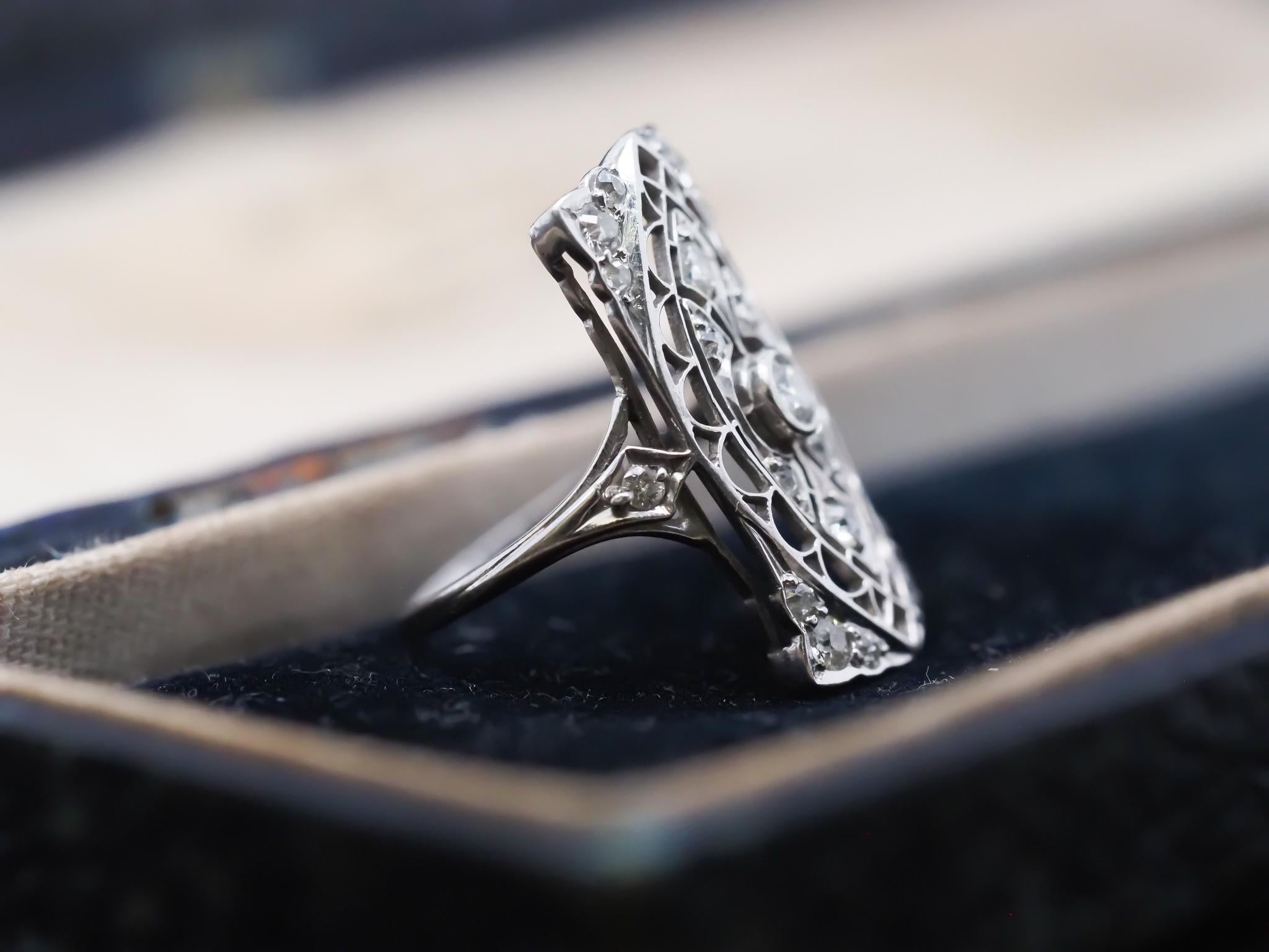 Platinum Edwardian Openwork Filigree Old European Diamond Ring For Sale 1