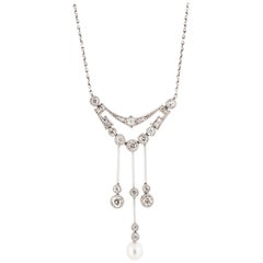 Belle Époque Triple Drop Diamond and Pearl Lavalier in Platinum