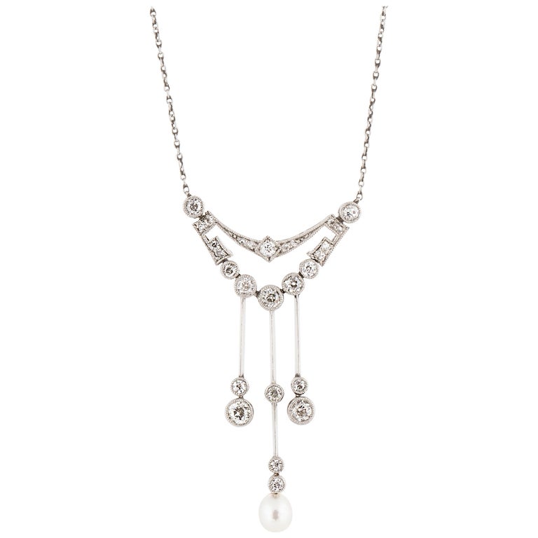 Belle Époque Triple Drop Diamond and Pearl Lavalier in Platinum at 1stDibs