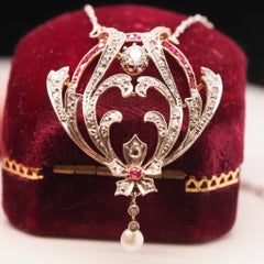 Platinum Edwardian Pearl, Ruby and Diamond Pendant and Necklace