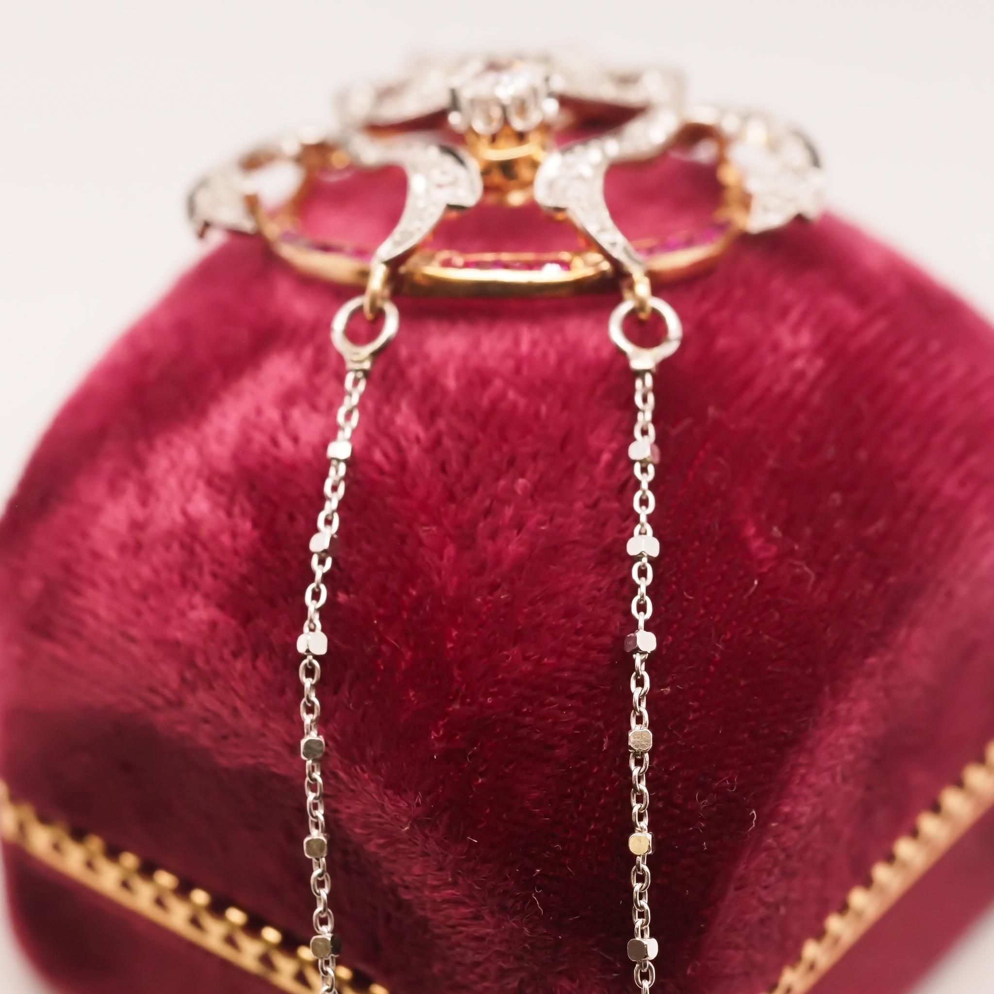 Platin Edwardianischer Perlen-, Rubin- und Diamant-Anhänger und Halskette aus Platin Damen im Angebot