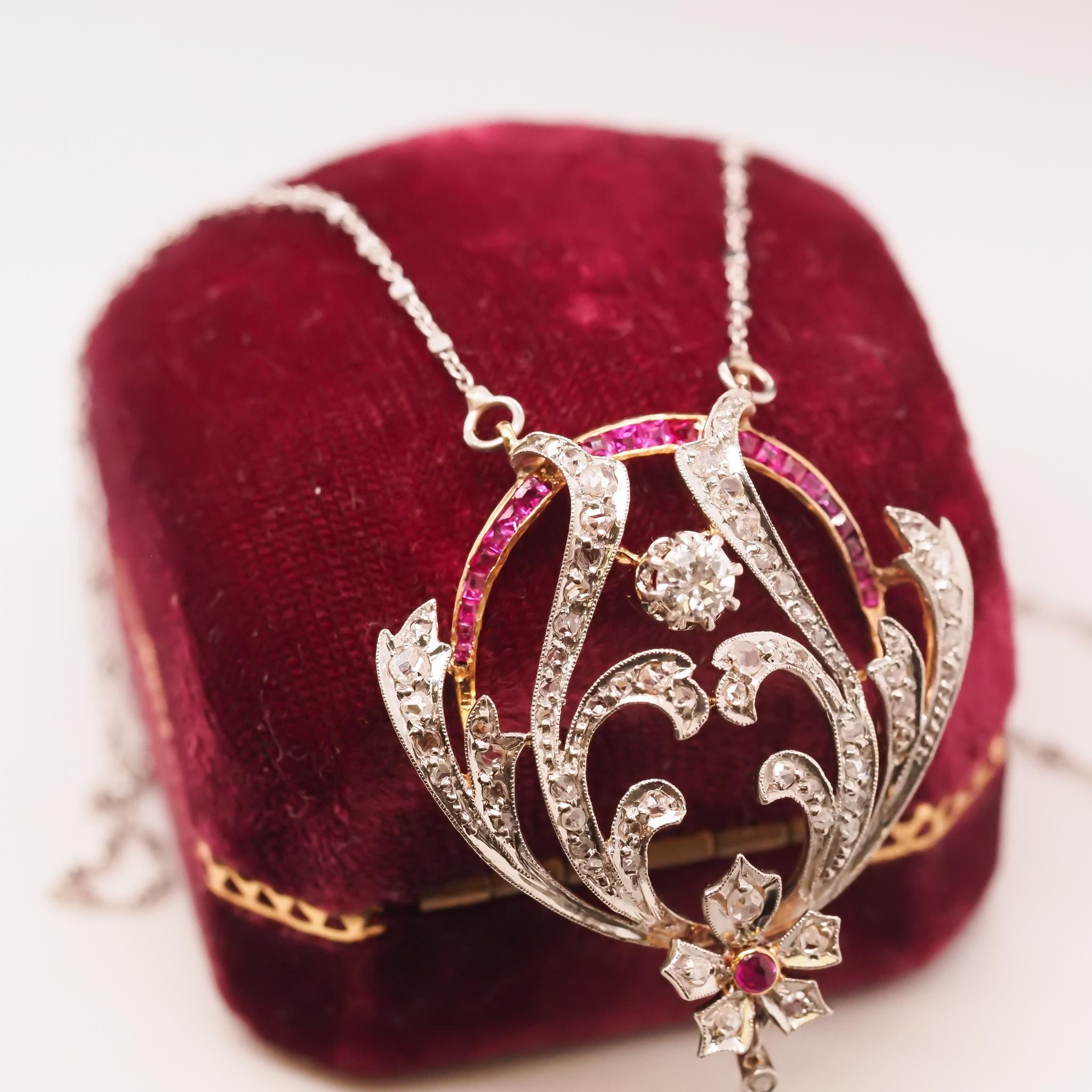 Platinum Edwardian Pearl, Ruby and Diamond Pendant and Necklace For Sale 1