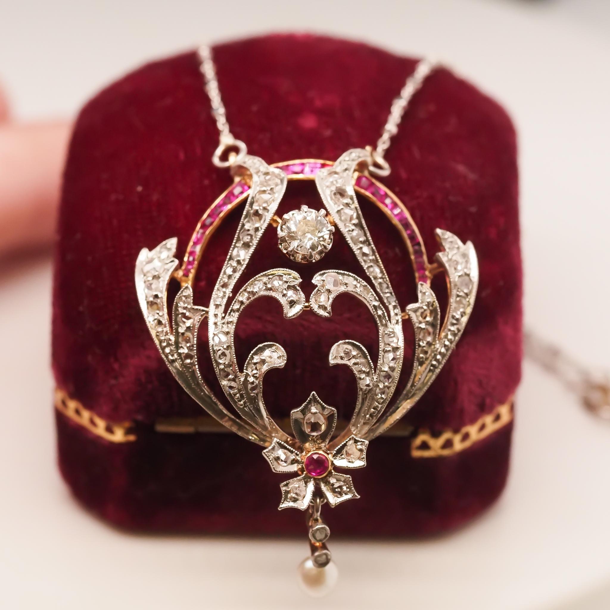 Platin Edwardianischer Perlen-, Rubin- und Diamant-Anhänger und Halskette aus Platin im Angebot 2
