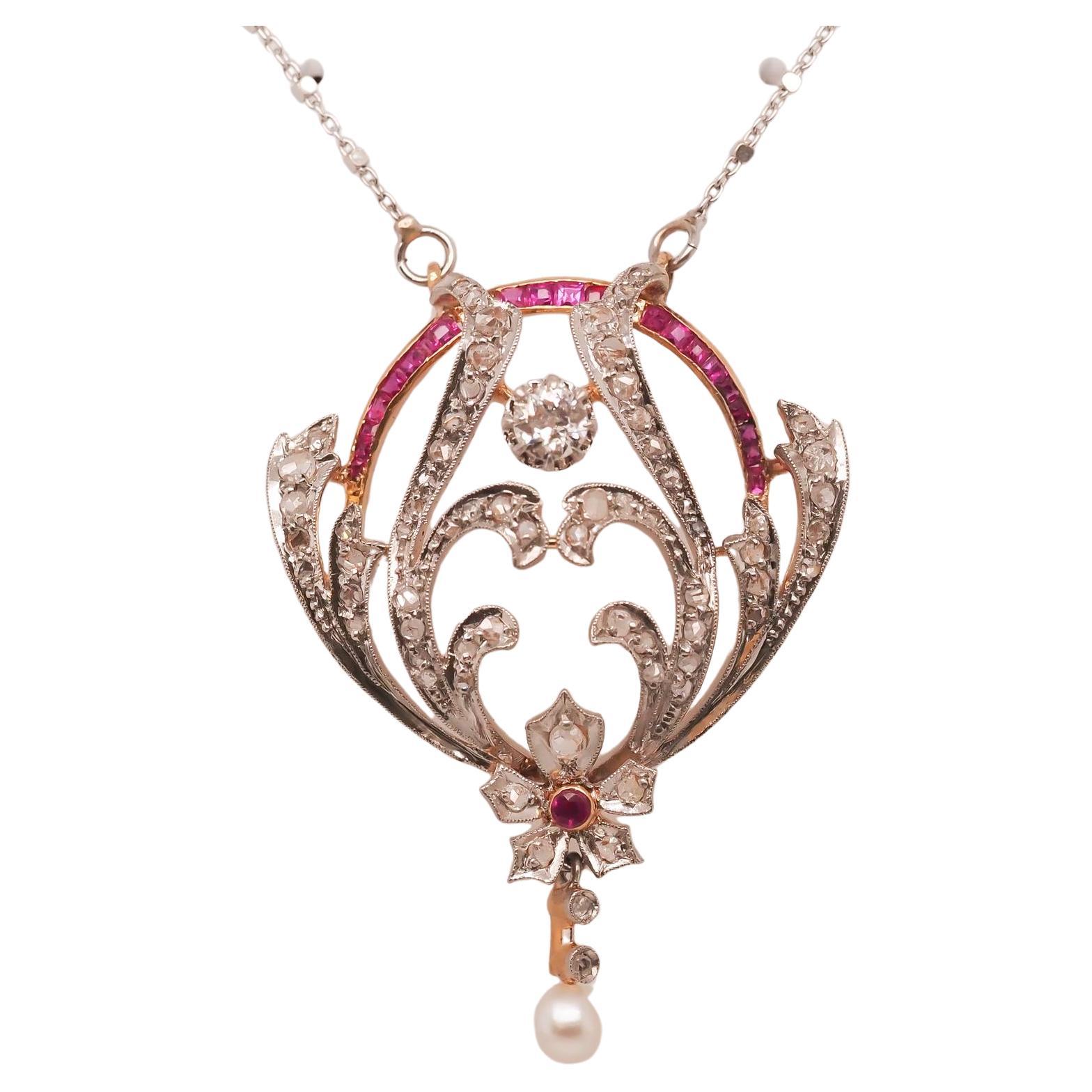 Platin Edwardianischer Perlen-, Rubin- und Diamant-Anhänger und Halskette aus Platin im Angebot