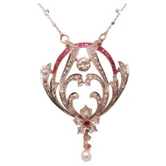 Platinum Edwardian Pearl, Ruby and Diamond Pendant and Necklace