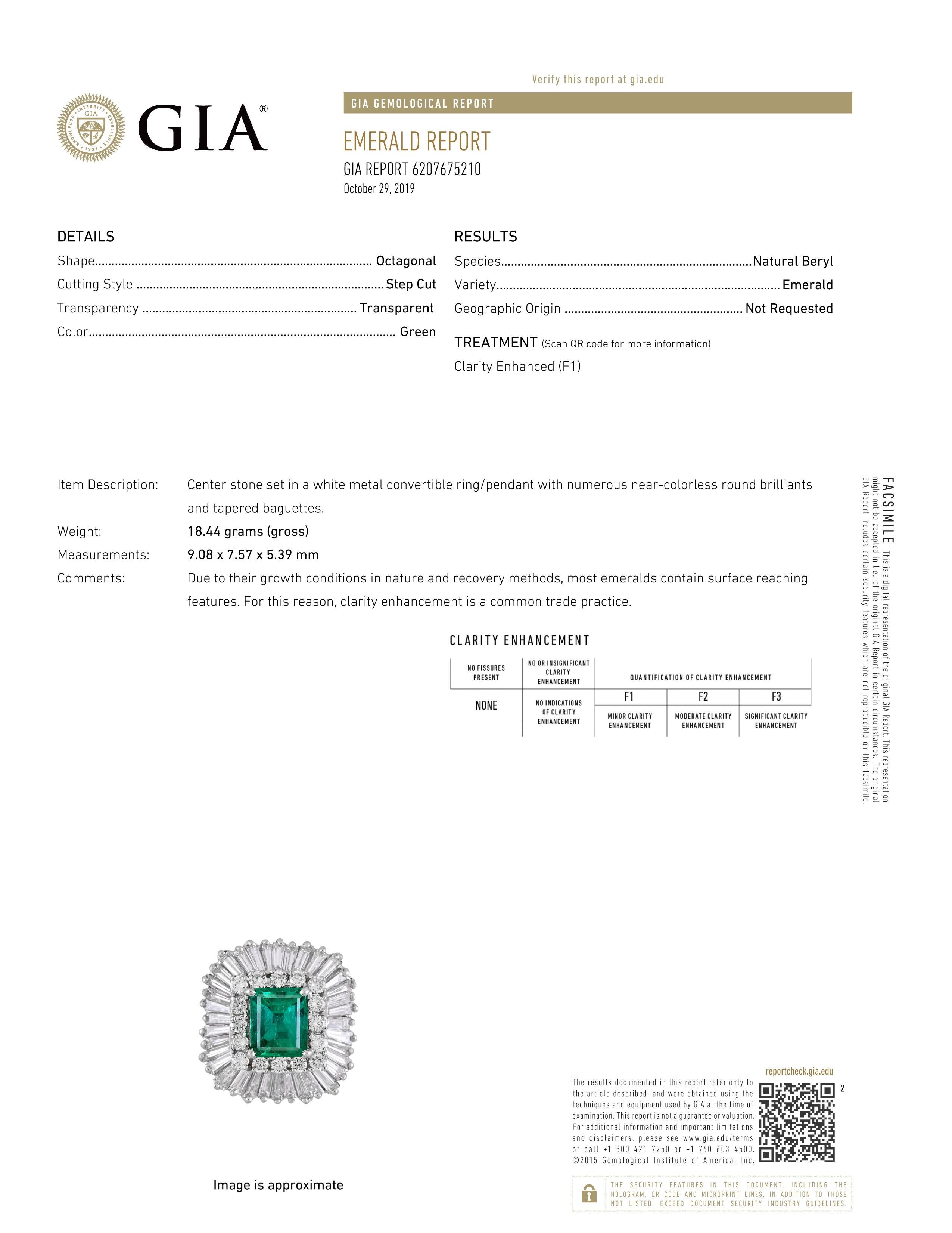 Platinum Diamond Ballerina Colombian Emerald Pendant Ring GIA Certified 7