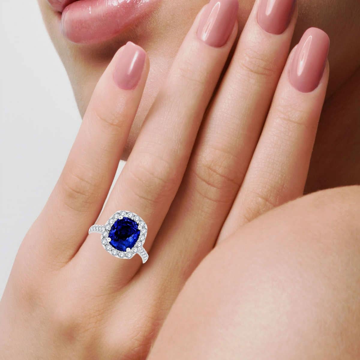 Women's Platinum Elongated Cushion 3.57 Carat Blue Sapphire & Diamond Halo Ring GIA For Sale