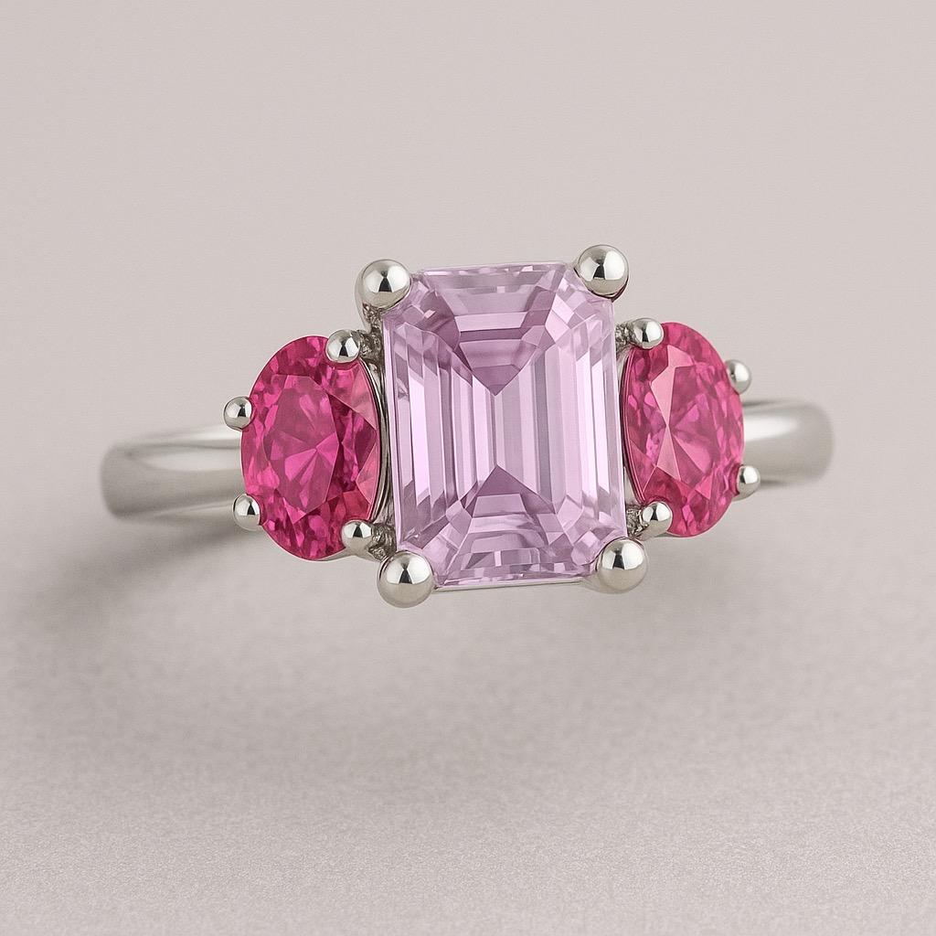 in vendita:  Anello a tre pietre con zaffiro rosa naturale a rettangolo allungato in platino 2