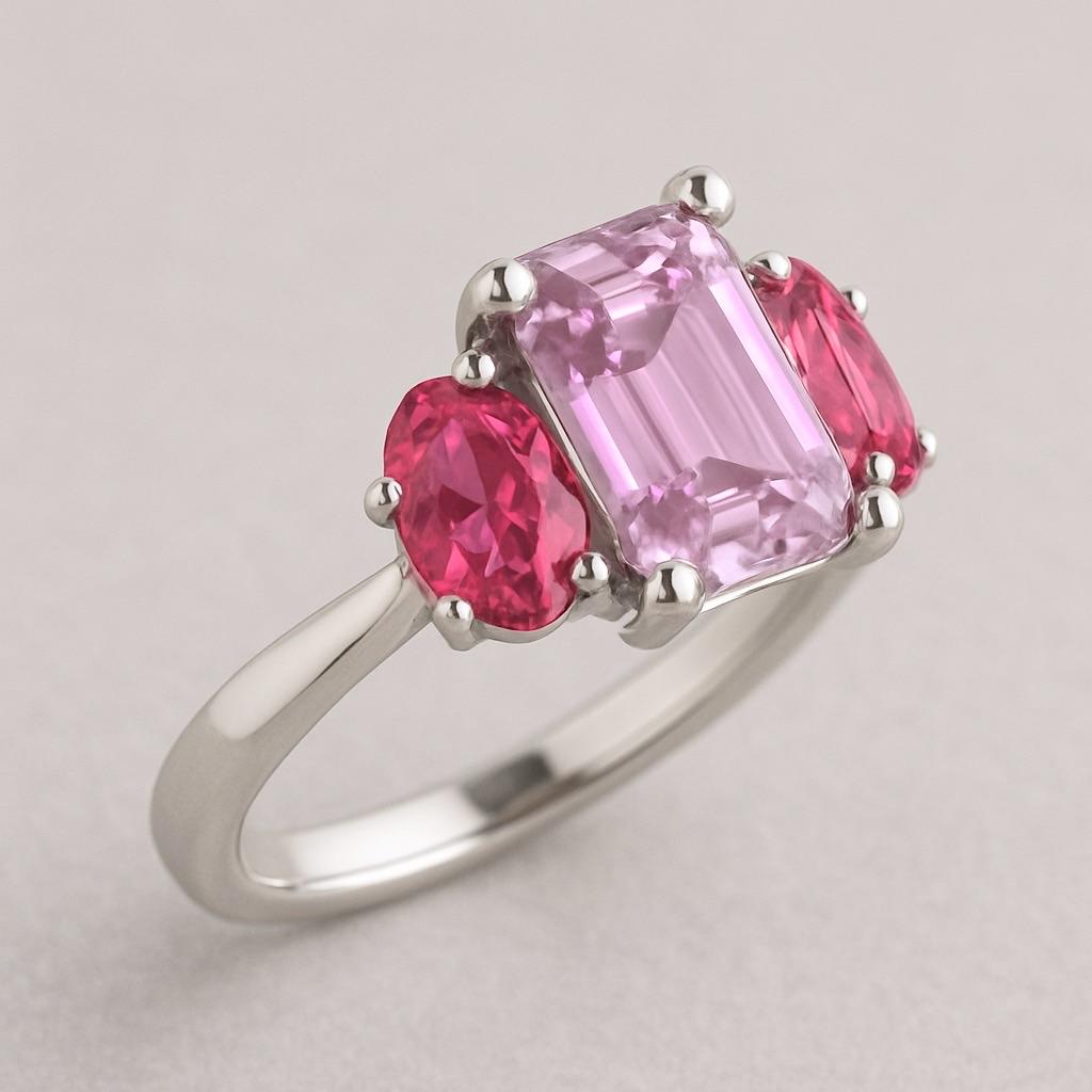in vendita:  Anello a tre pietre con zaffiro rosa naturale a rettangolo allungato in platino 6