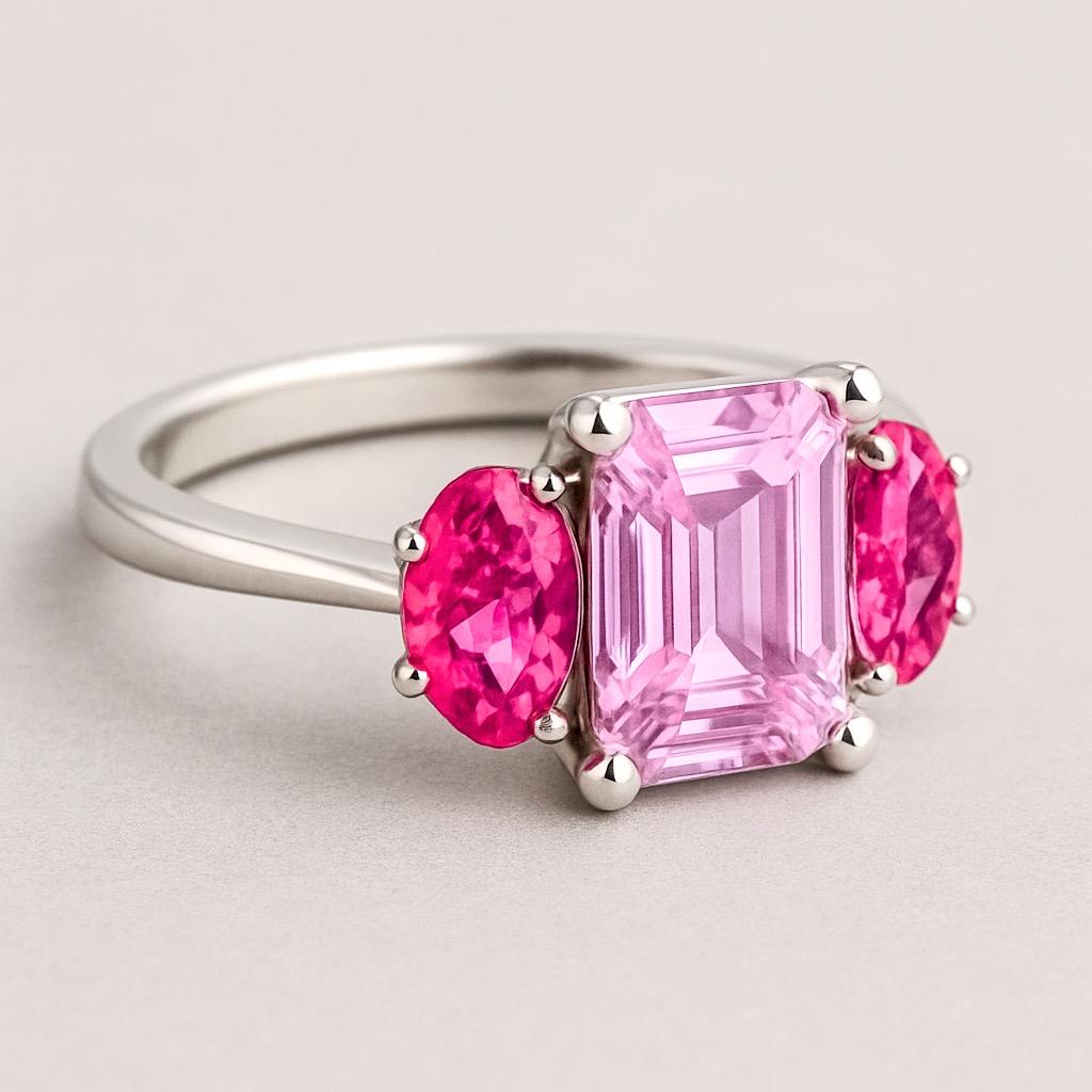 in vendita:  Anello a tre pietre con zaffiro rosa naturale a rettangolo allungato in platino 7