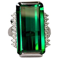 Platinum Elongated Step Cut Green Tourmaline Diamond Cocktail Ring 12.36ctw
