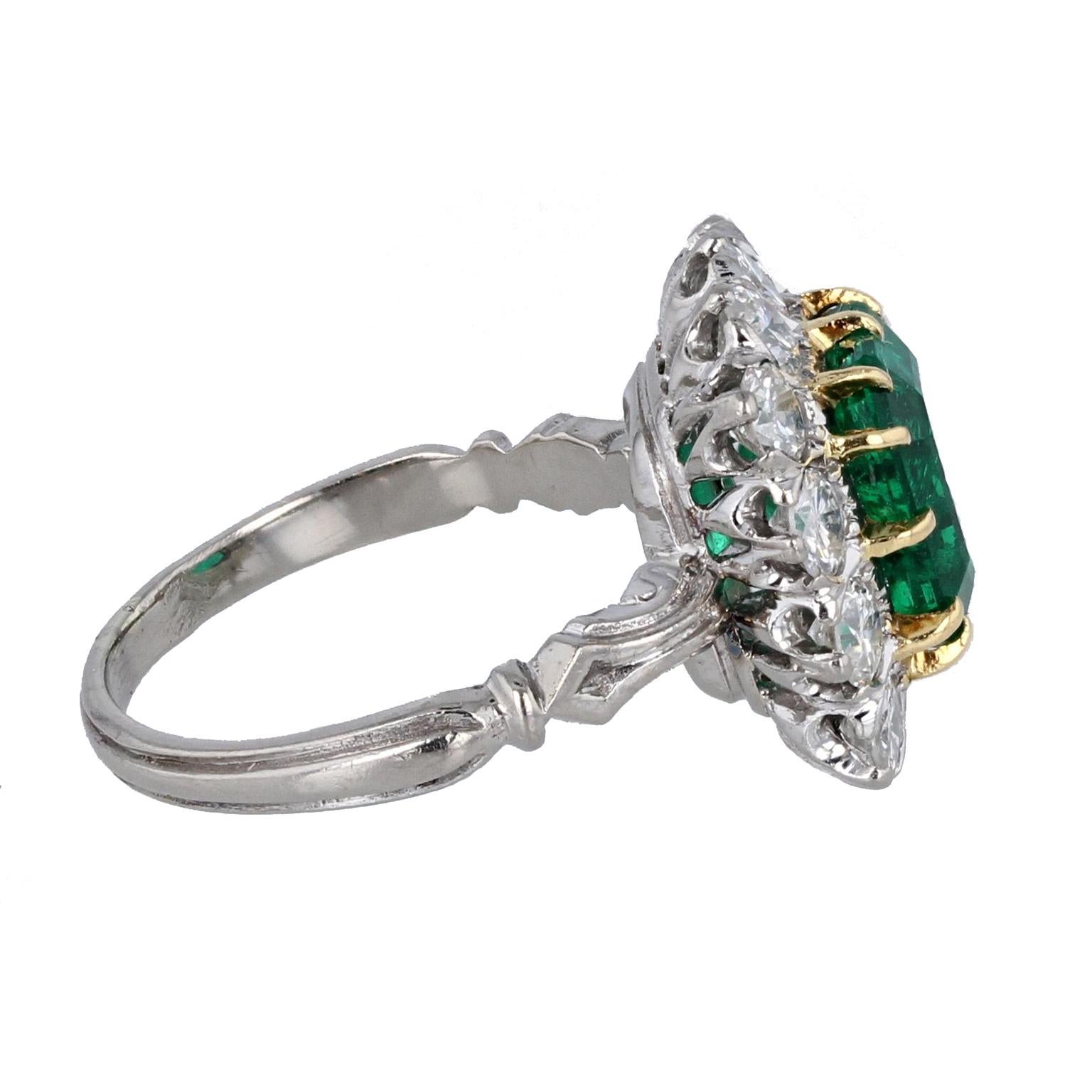 Emerald Cut Platinum Emerald Diamond Cluster Ring For Sale