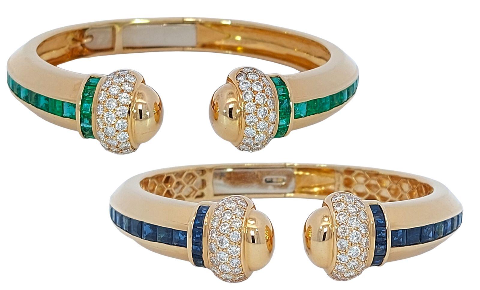 Platinum Ring with Colombian Emerald of 18.49 Ct and Ca.4 Ct Diamonds.

18 kt Gold earrings with 13.6 CT white & black diamonds

Adler Geneva 2 Bangle Bracelets 18 kt Gold with Emerald, Sapphires & Diamonds