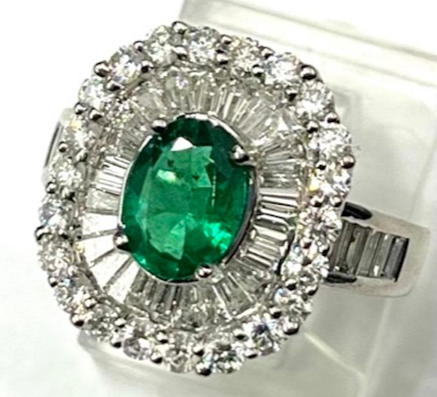 Emerald Cut Platinum Emerald And Diamond Ballerina Ring For Sale