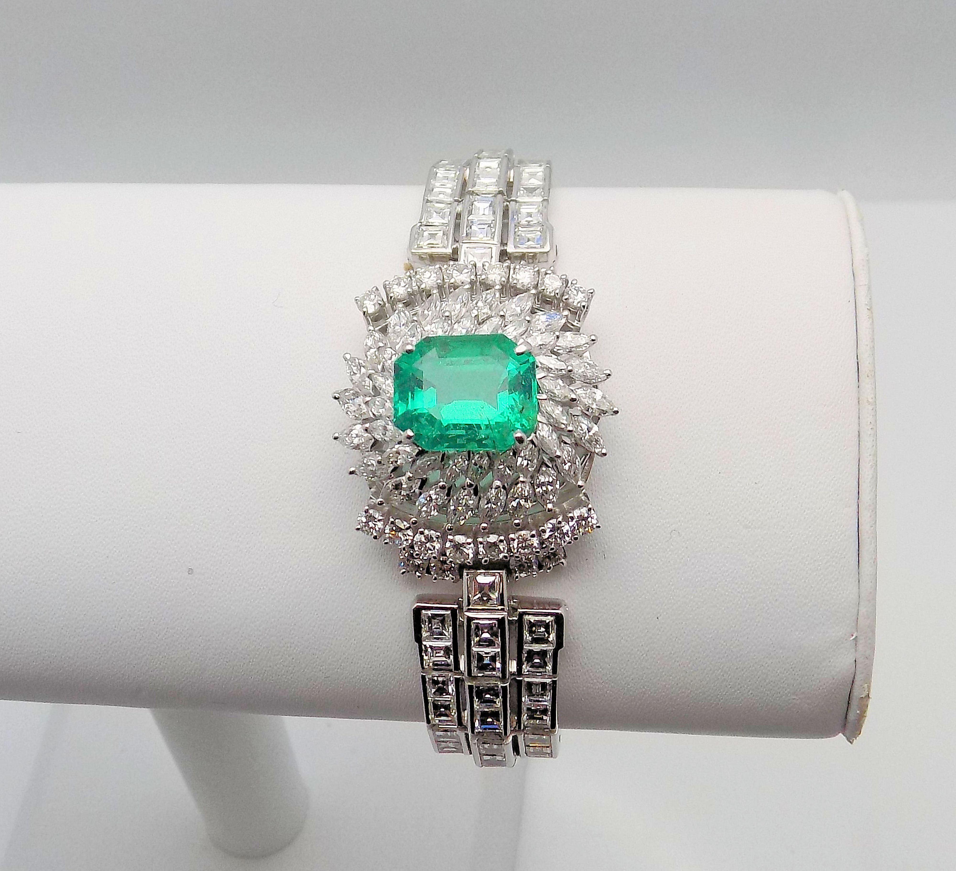 Baguette Cut Platinum Emerald and Diamond Bracelet For Sale