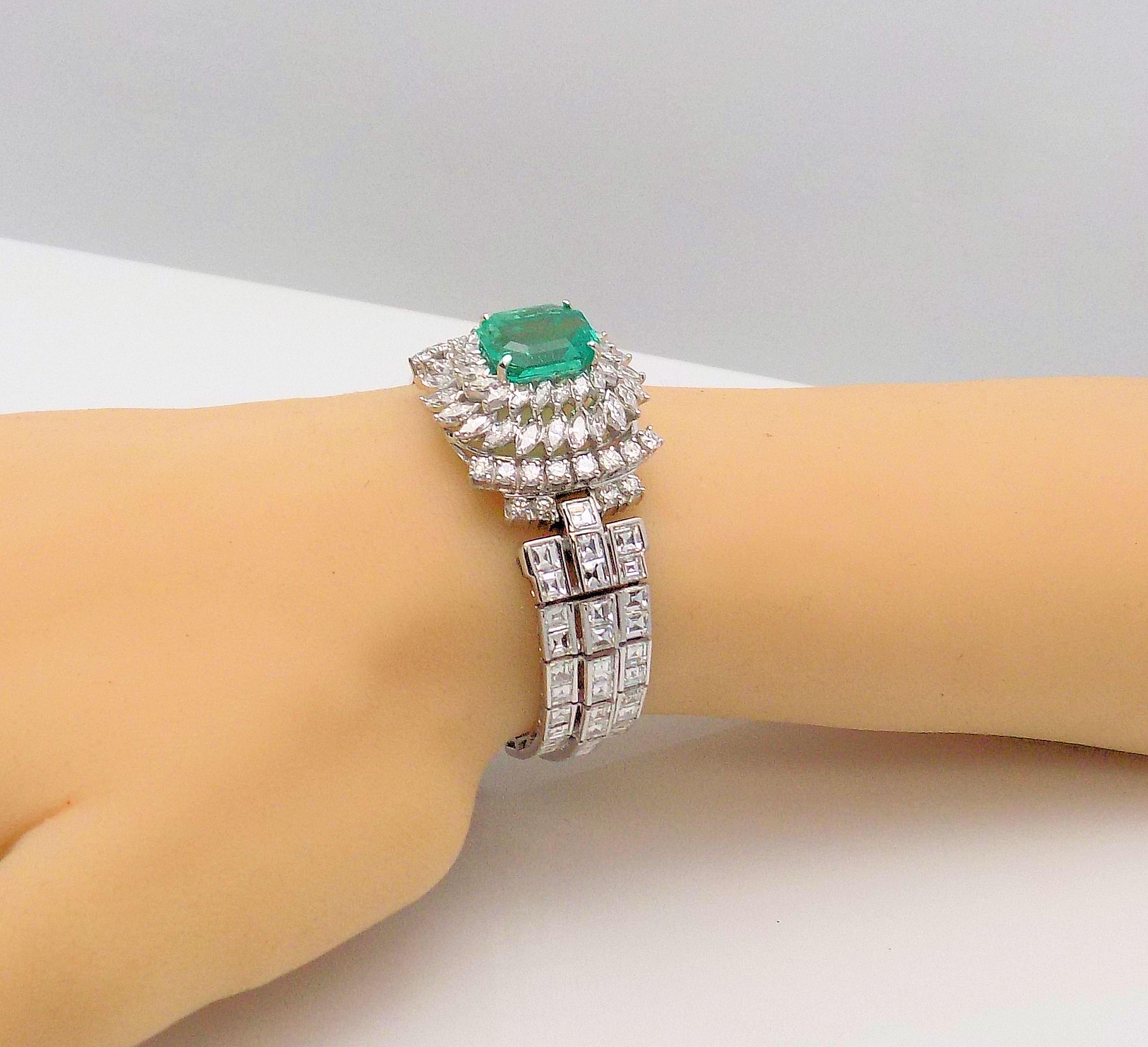 Women's Platinum Emerald and Diamond Bracelet For Sale