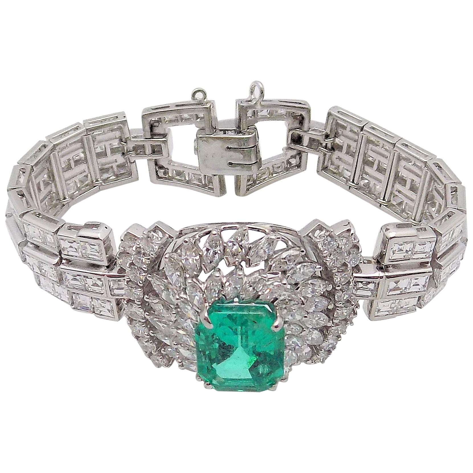 Platinum Emerald and Diamond Bracelet For Sale