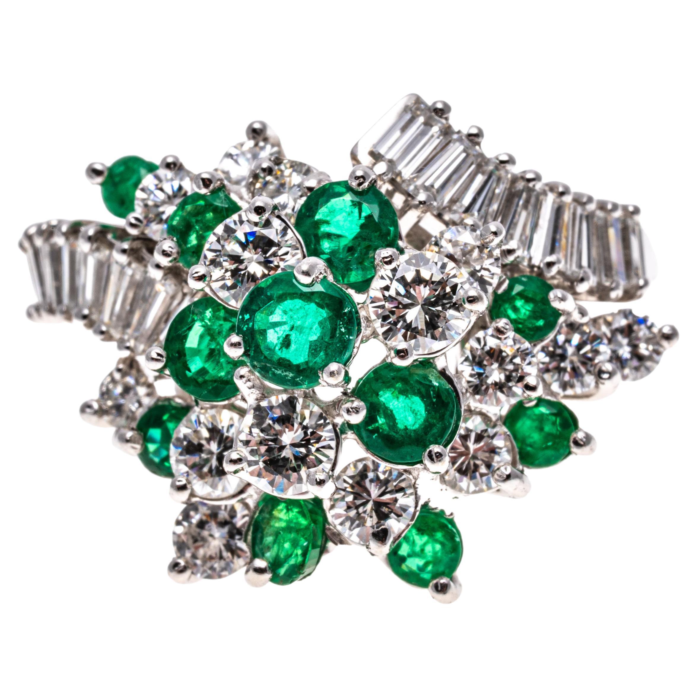 Platinum, Emerald and Diamond Bypass Retro Style Cluster Ring, App. 1.48 TCW