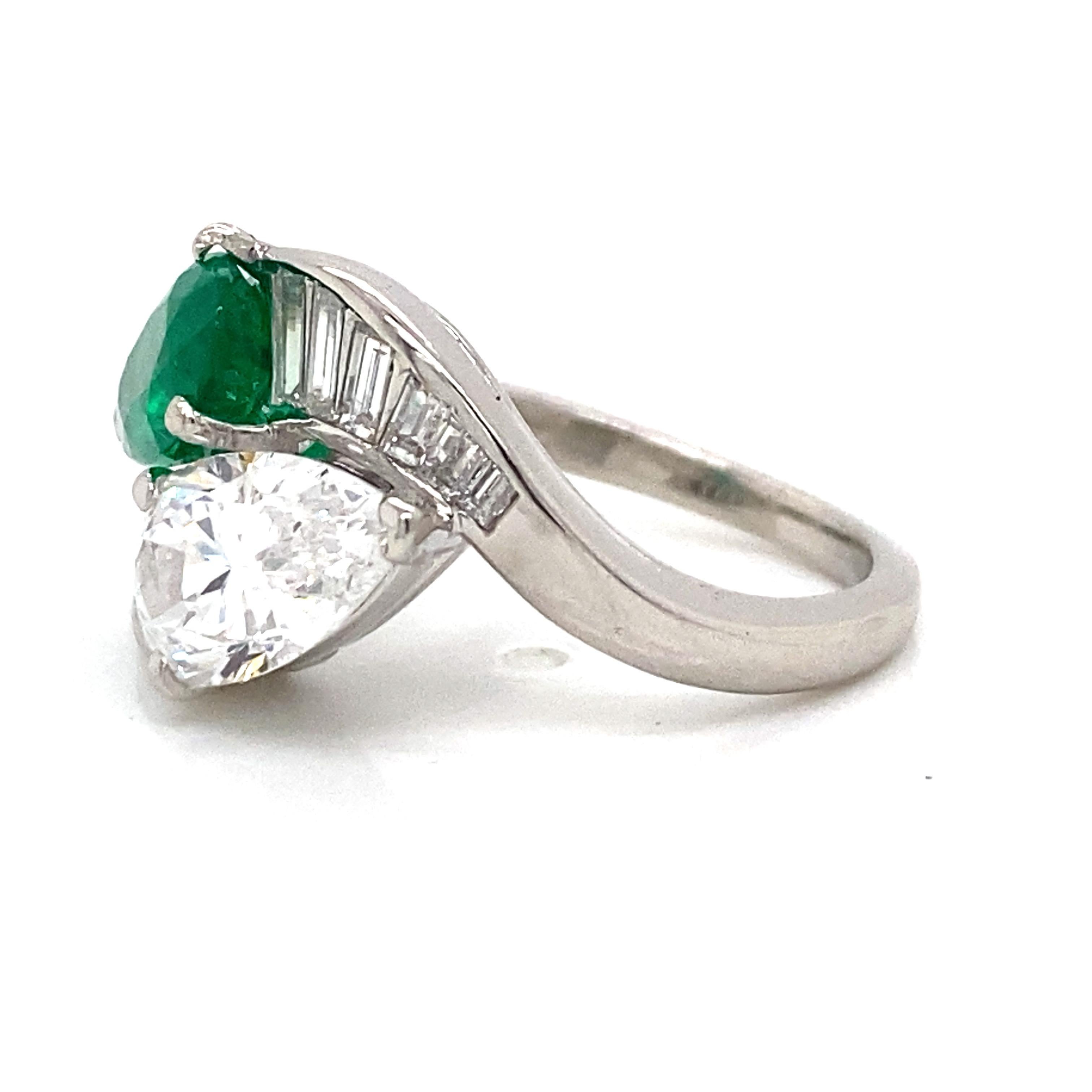 Pear Cut Platinum Emerald and Diamond Bypass Ring