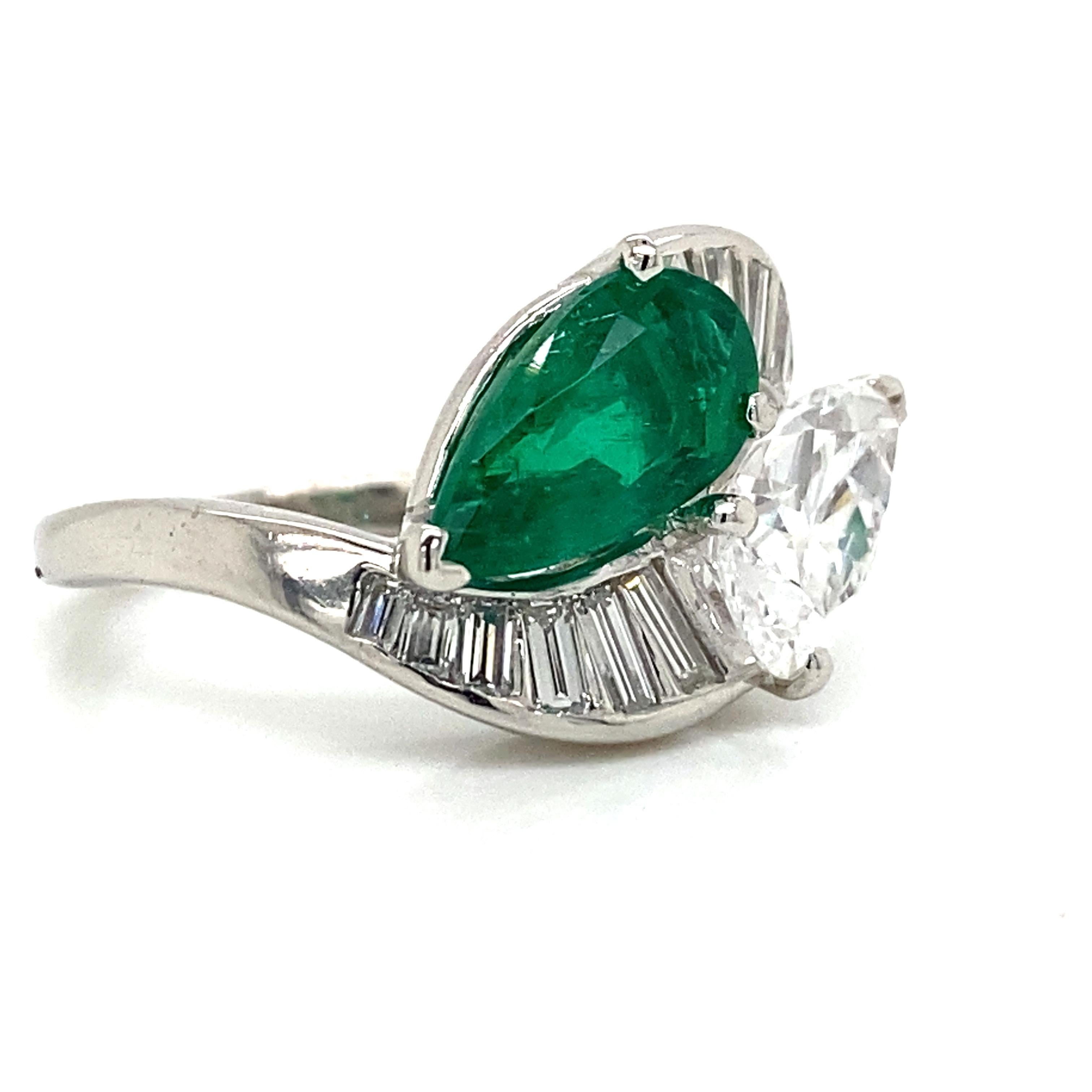 Platinum Emerald and Diamond Bypass Ring In Good Condition In Boca Raton, FL