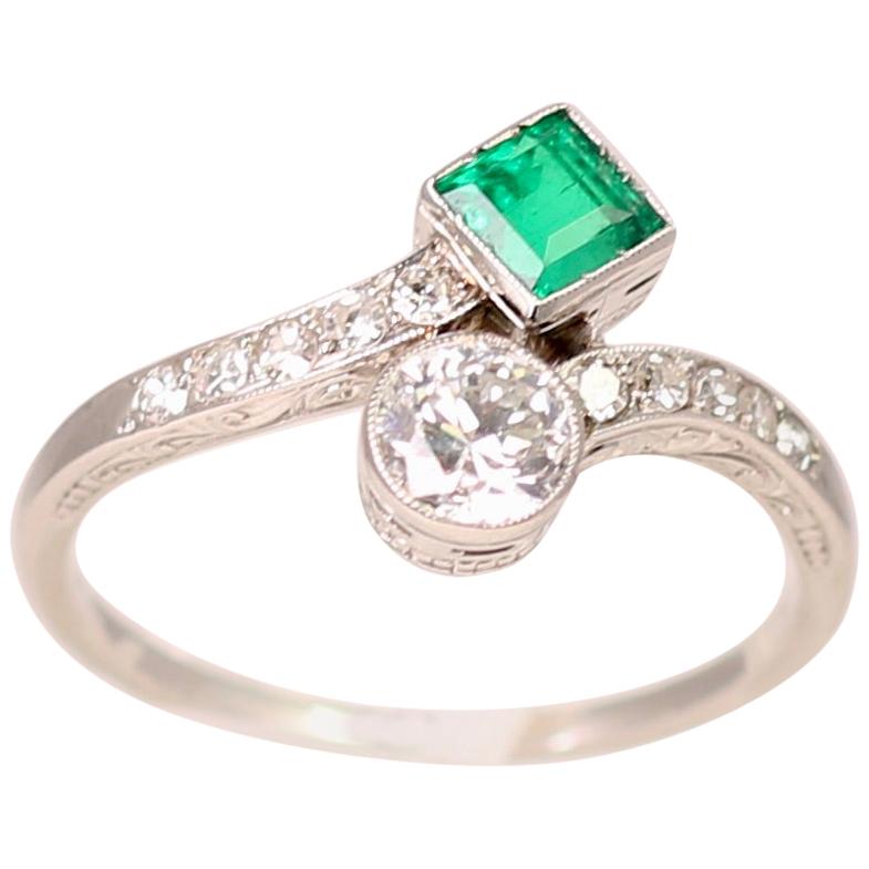 Platinum Emerald and Diamond Bypass Ring For Sale