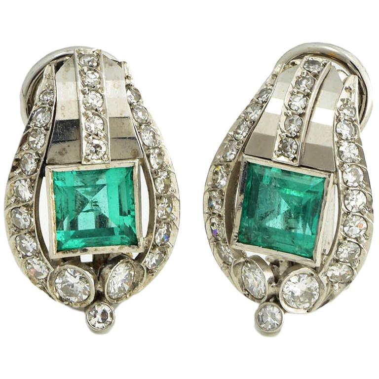 Platinum Emerald and Diamond Clip Earrings