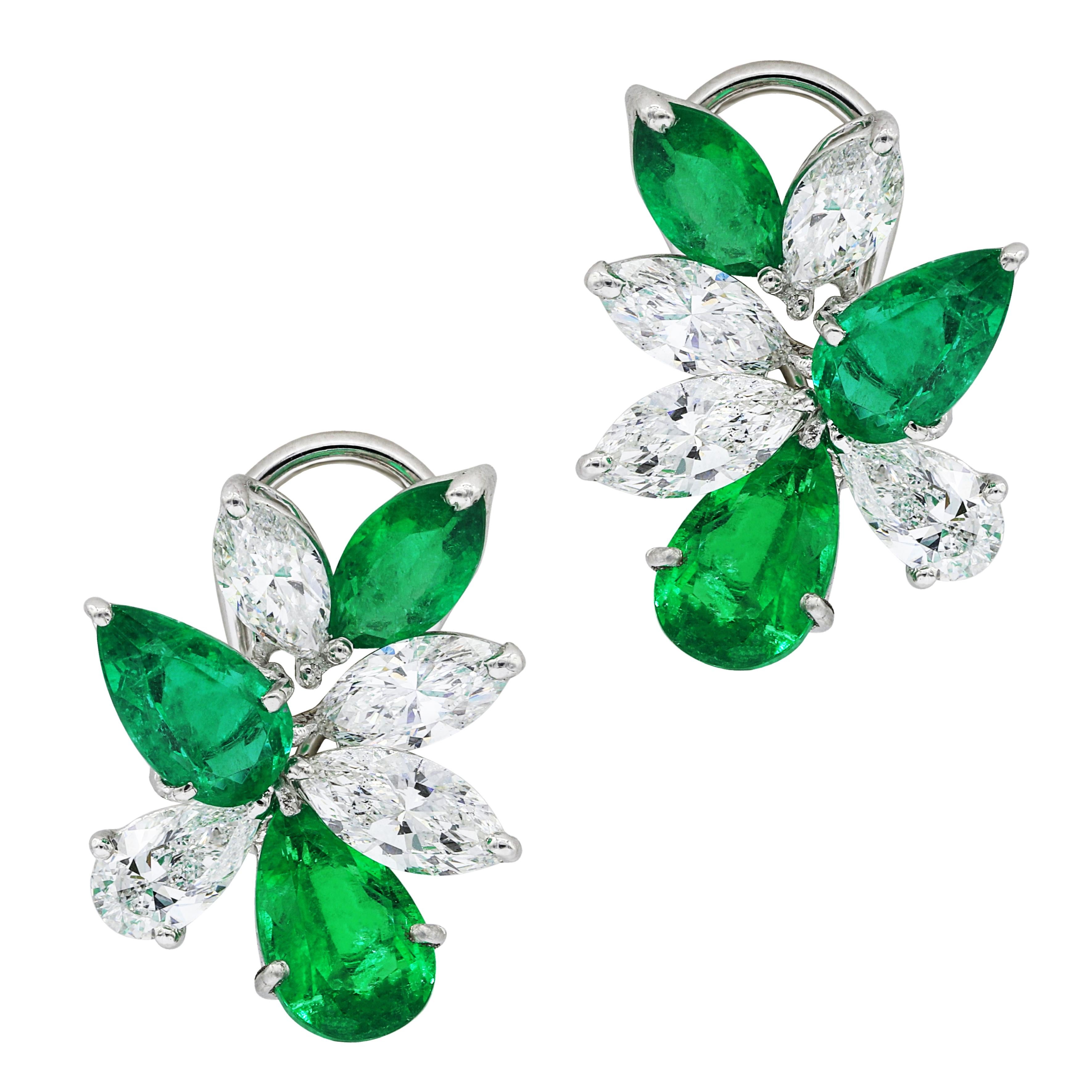 Platinum Emerald and Diamond Cluster Earrings