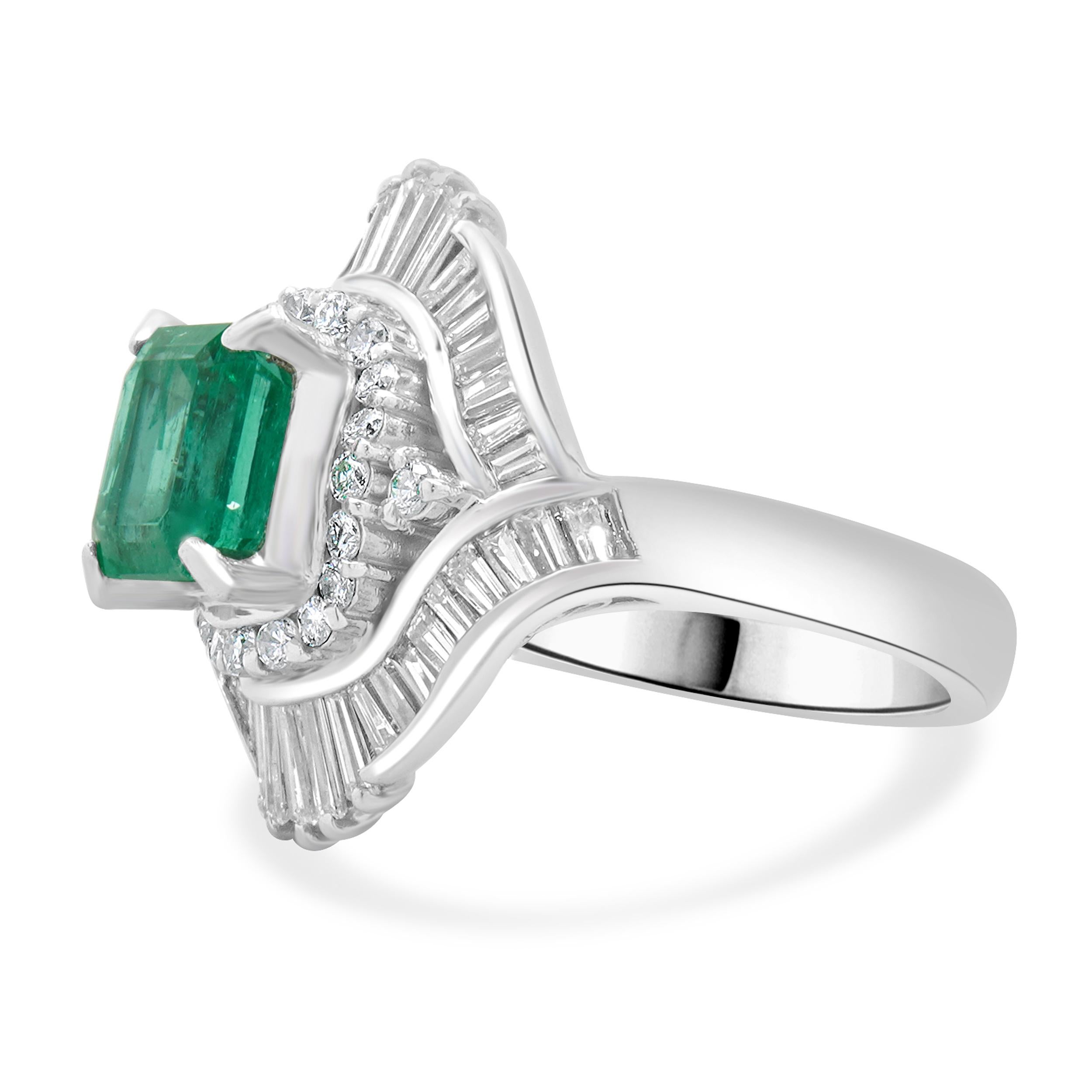 Material: platinum
Diamond: 22 round brilliant & 42 baguettes = 1.15cttw
Color: G/H
Clarity: SI1
Emerald: 1 emerald cut = 1.77ct
IGS: D 26735
Ring Size: 6.5 (please allow up to 2 additional business days for sizing requests)
Dimensions: ring top
