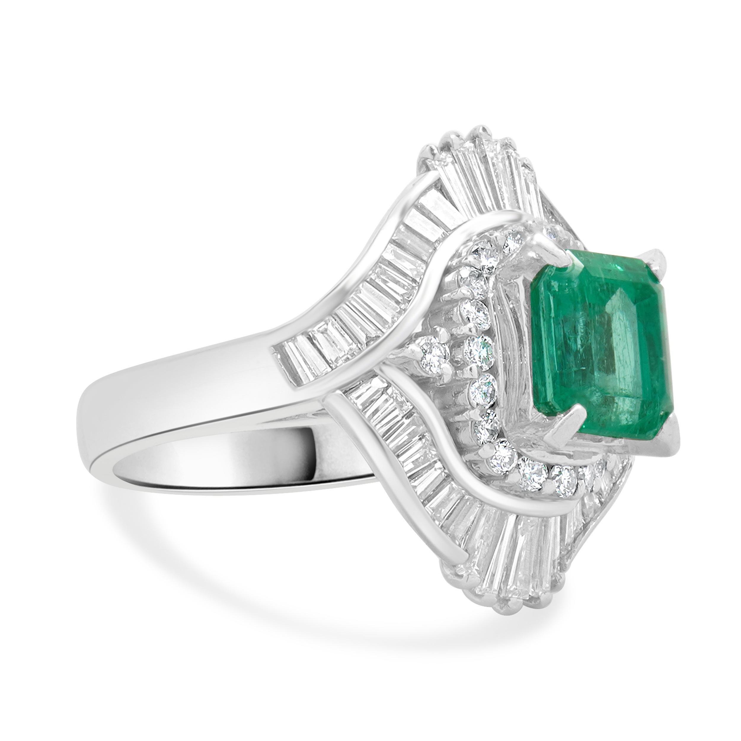 Emerald Cut Platinum Emerald and Diamond Cocktail Ring For Sale