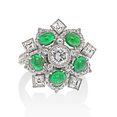 Platinum Emerald And Diamond Handmade Entourage Snowflake Flower Ring