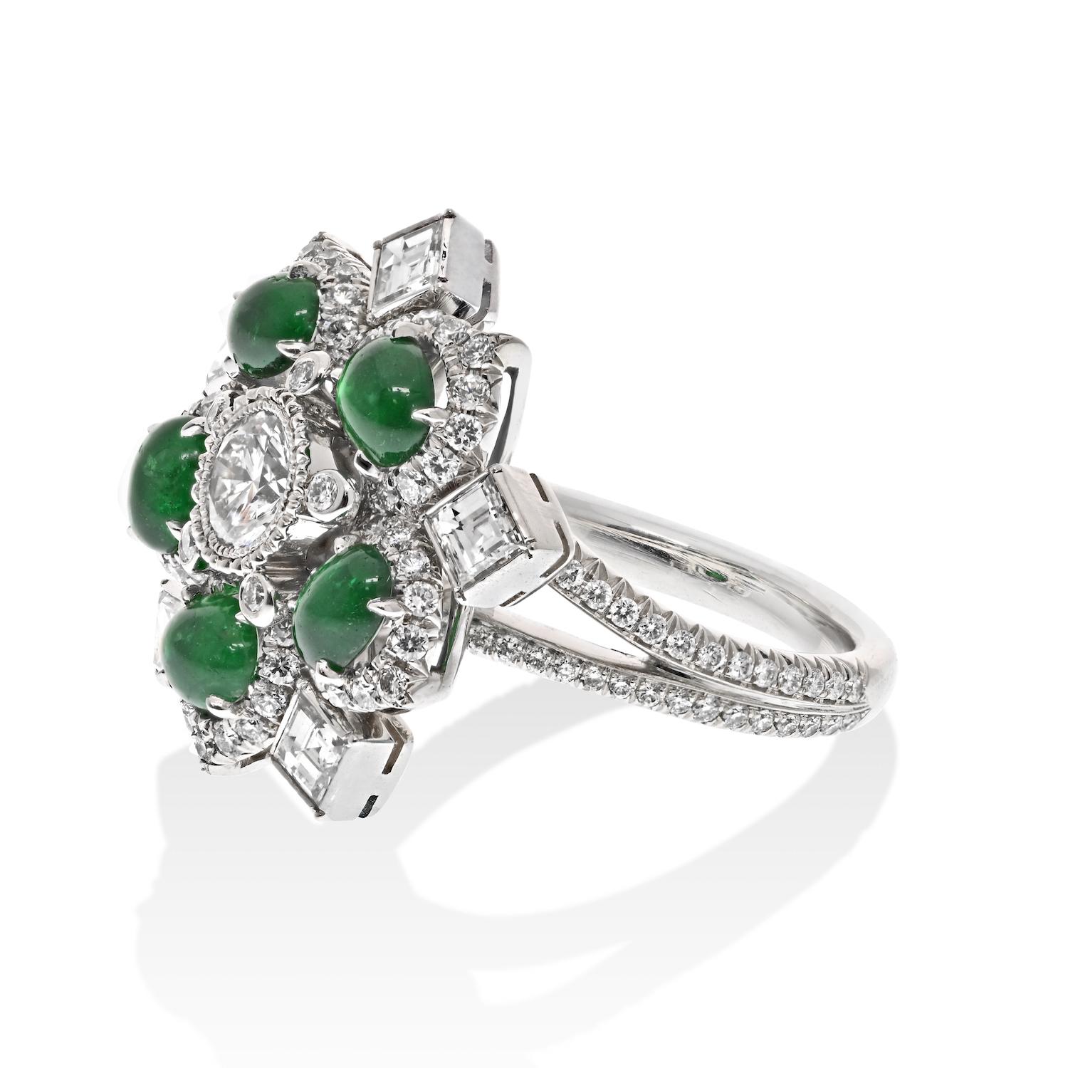 Modern Platinum Emerald And Diamond Handmade Entourage Snowflake Flower Ring For Sale