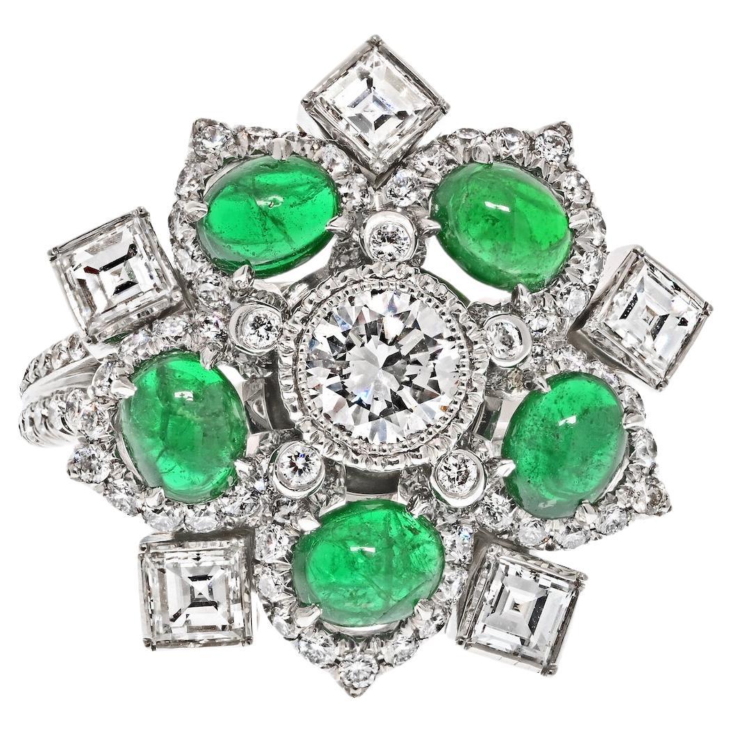 Platinum Emerald And Diamond Handmade Entourage Snowflake Flower Ring For Sale