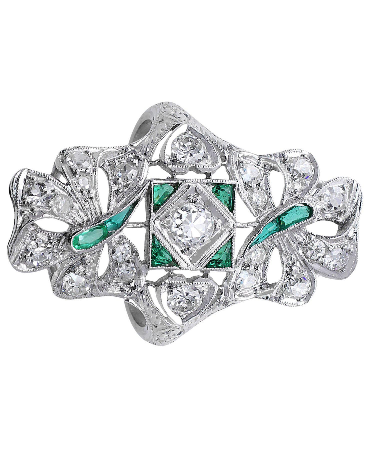 Brilliant Cut Platinum Emerald and Diamond Panel Ring For Sale