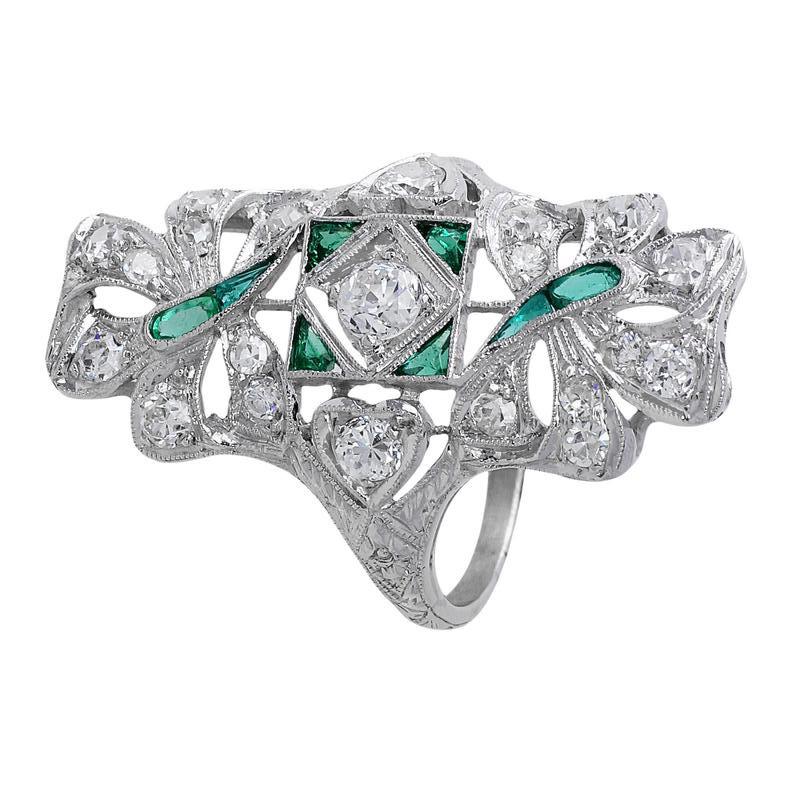 Platinum Emerald and Diamond Panel Ring In Excellent Condition For Sale In La Jolla, CA