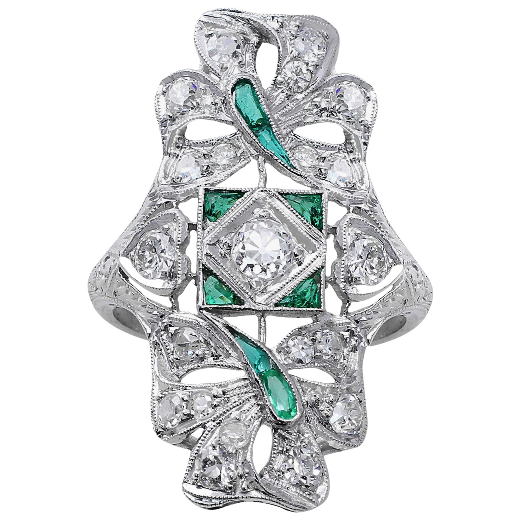 Platinum Emerald and Diamond Panel Ring For Sale