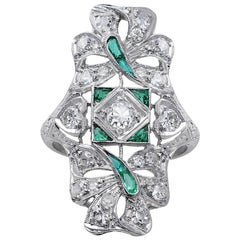 Platinum Emerald and Diamond Panel Ring