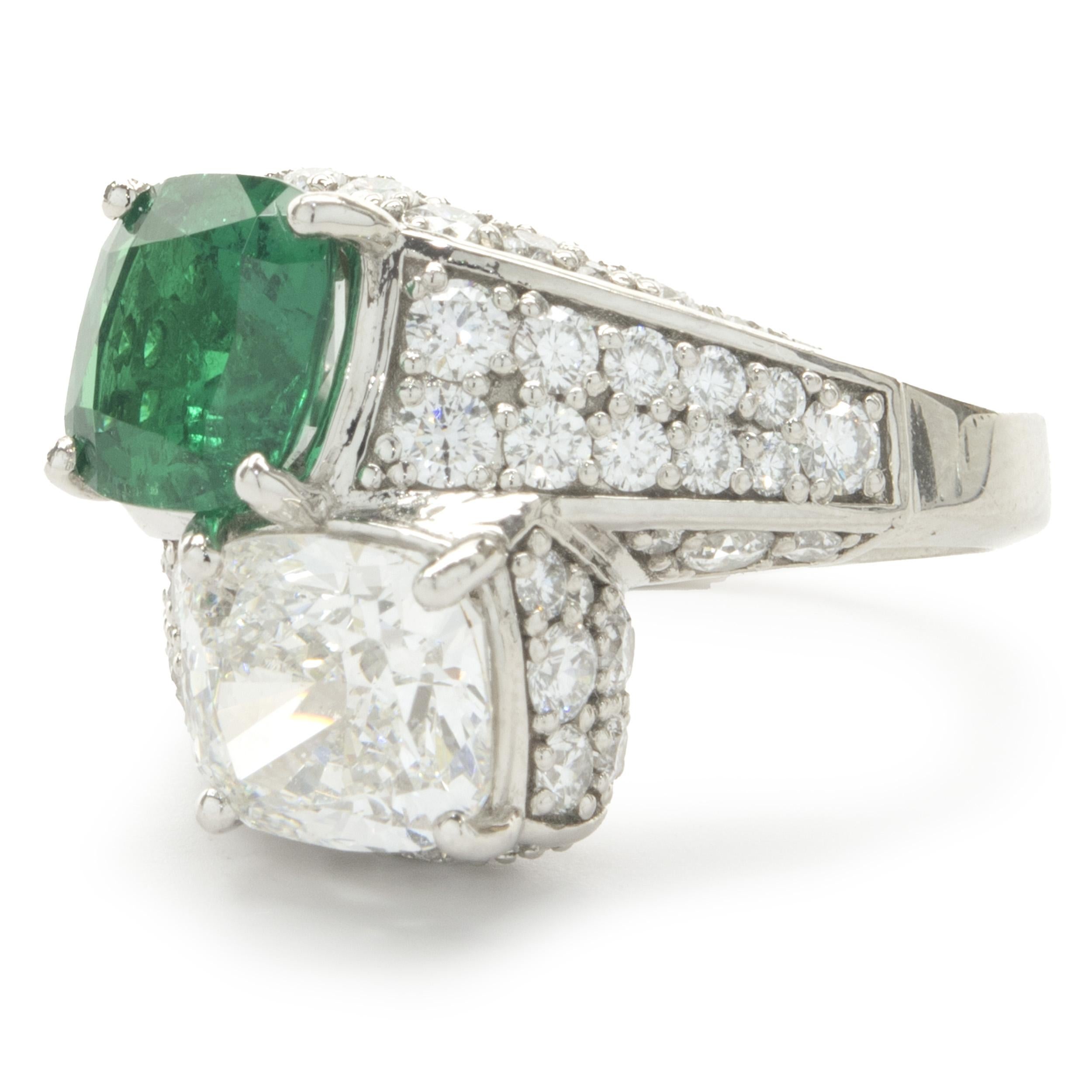 Round Cut Platinum Emerald and Diamond Pave Bypass Ring For Sale