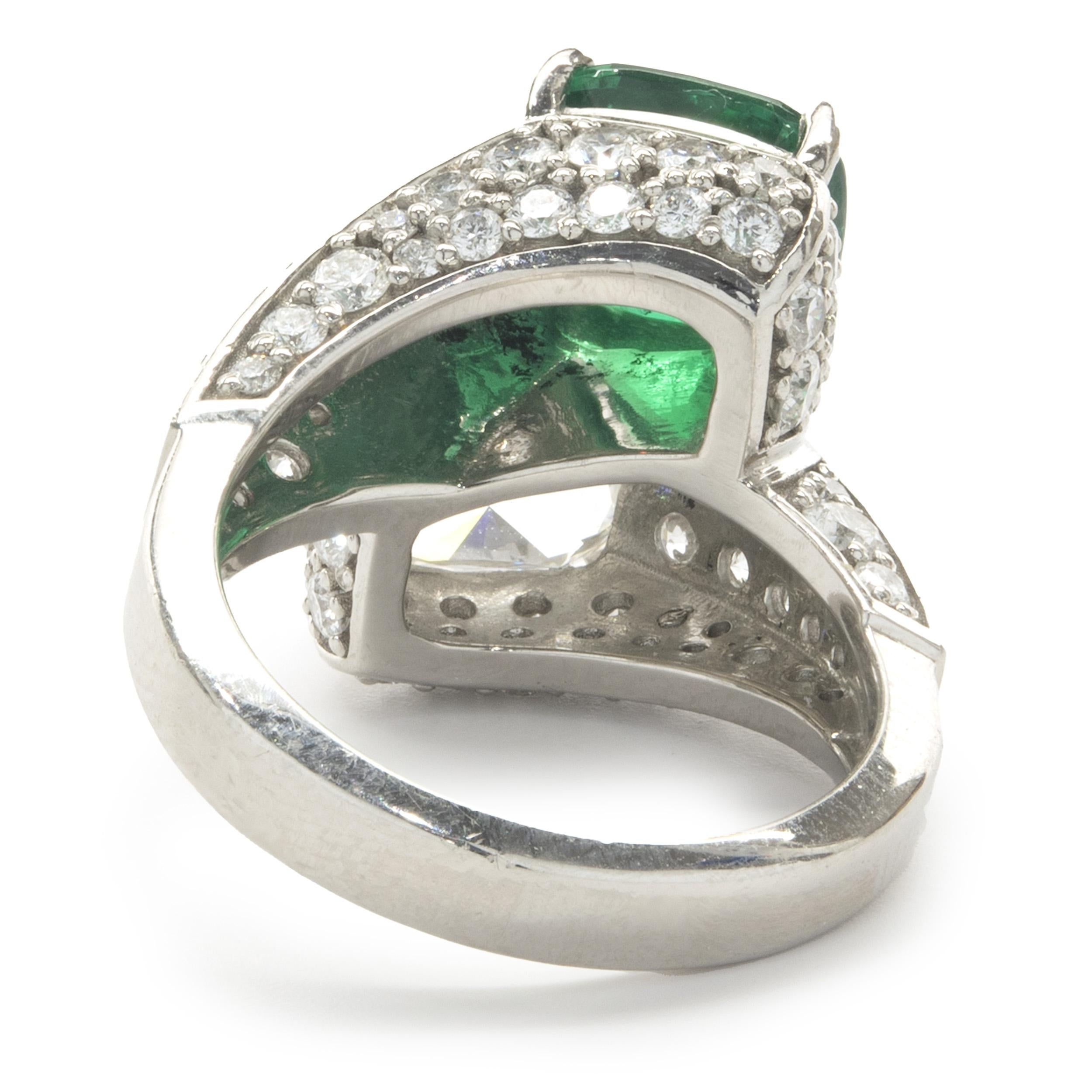 Platinum Emerald and Diamond Pave Bypass Ring In Excellent Condition For Sale In Scottsdale, AZ