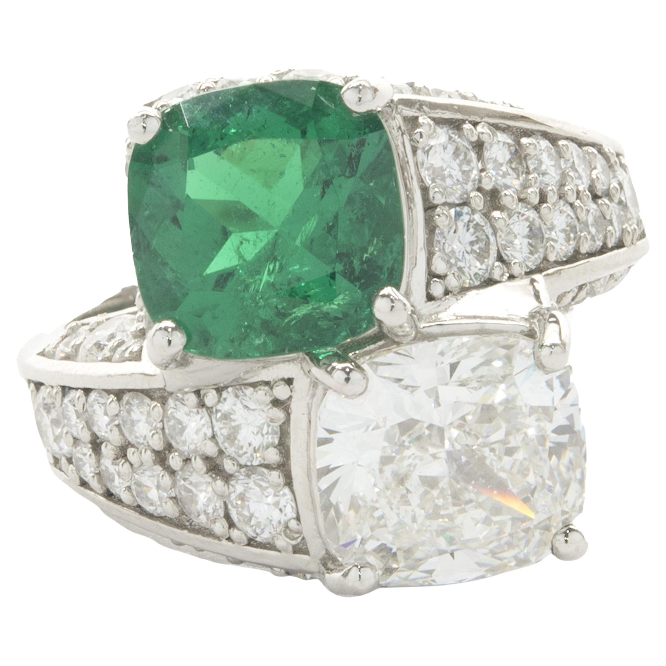 Platinum Emerald and Diamond Pave Bypass Ring