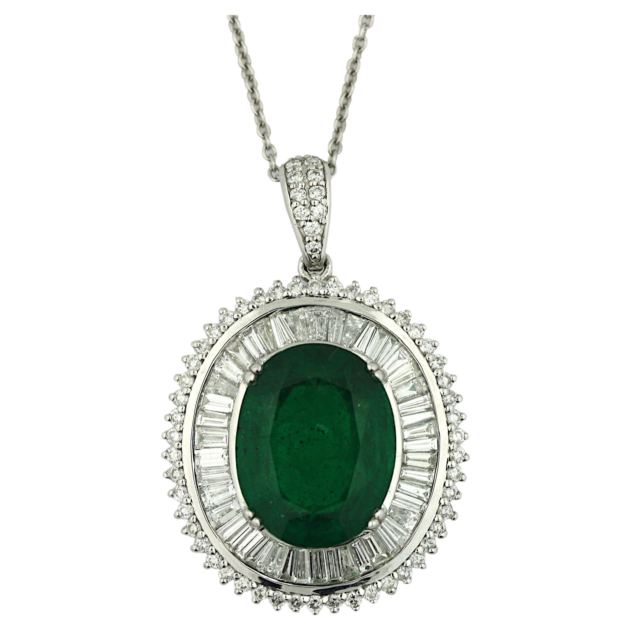 Art Deco Emerald Diamond Platinum Pin/Pendant Necklace For Sale at 1stDibs