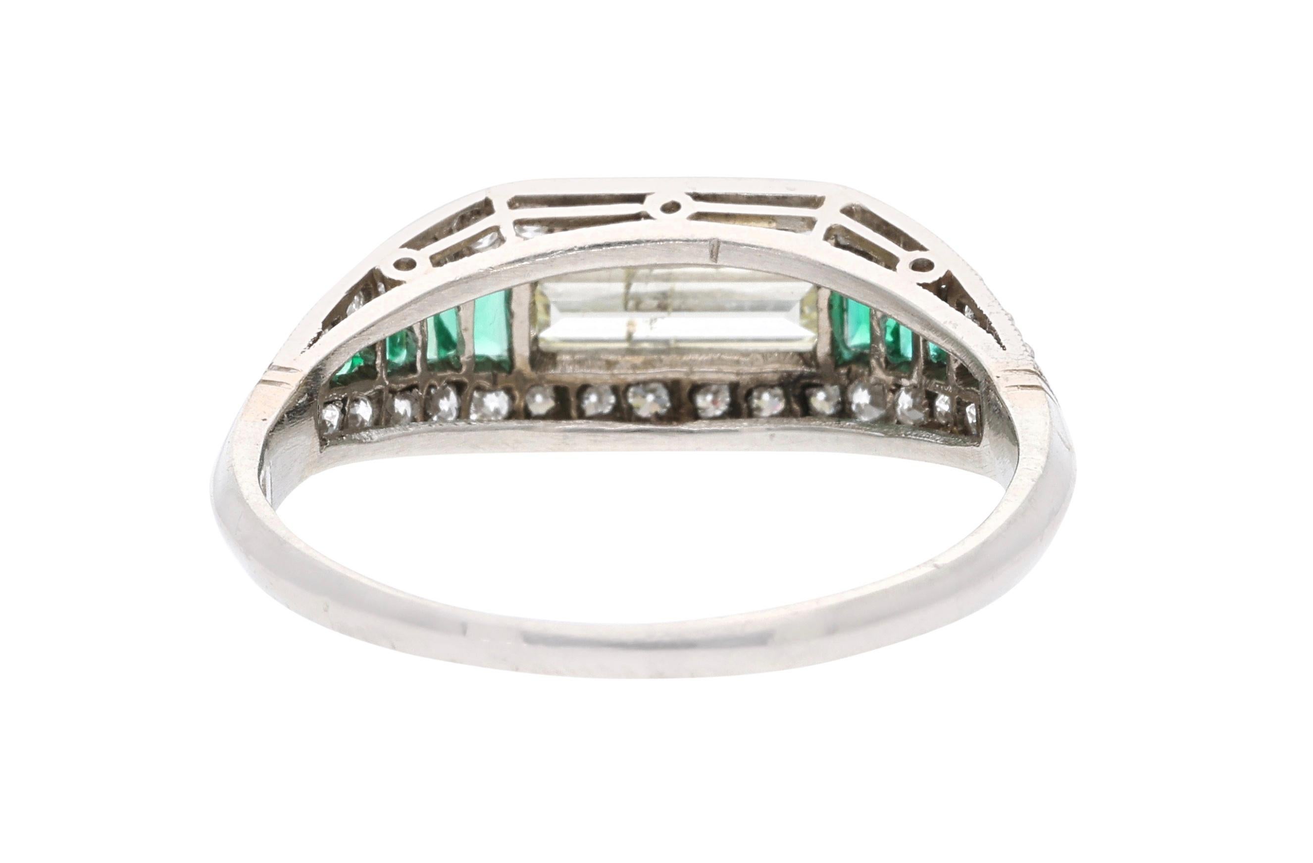 Baguette Cut Platinum Emerald and Diamond Ring For Sale